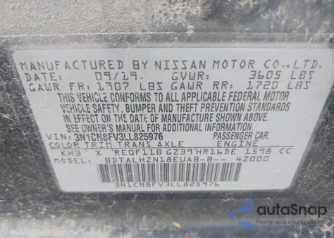 2020 Nissan Versa Sr Xtronic Cvt из США, поврежденный, VIN 3N1CN8FV3LL825976